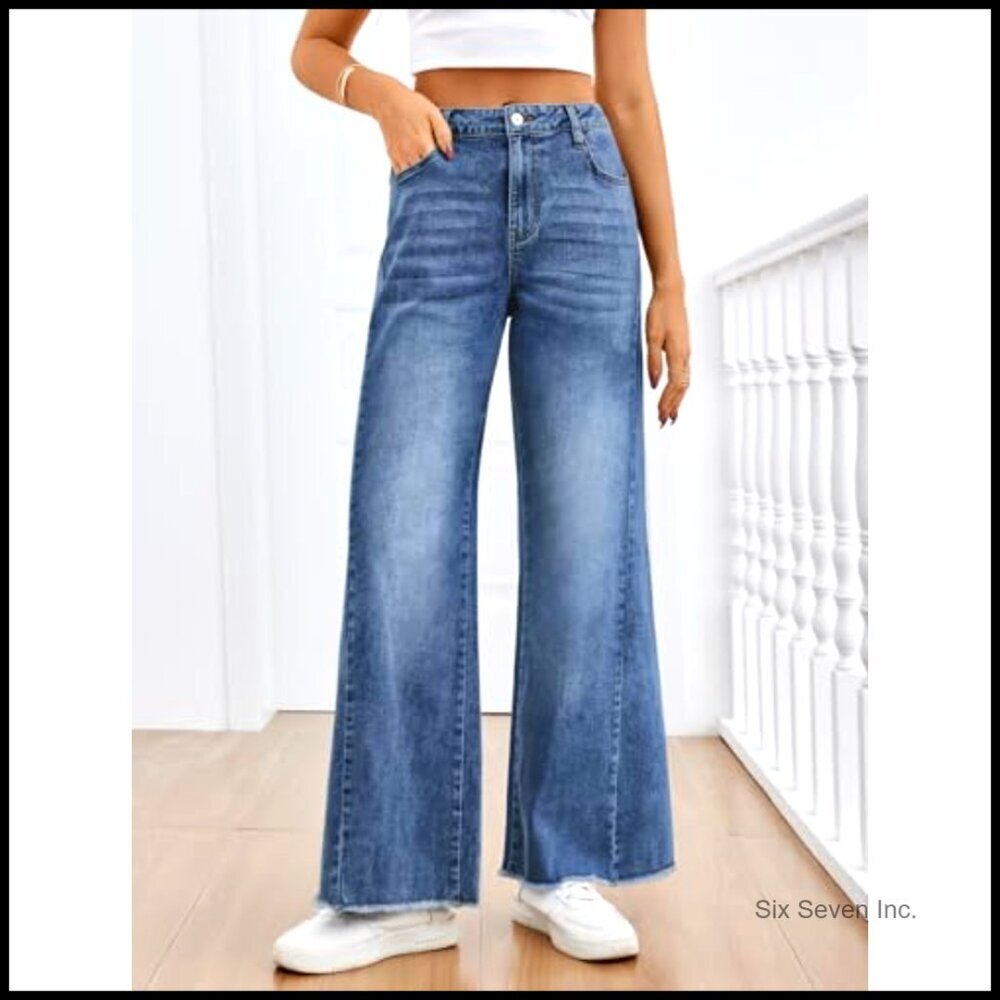 Wide Leg Jeans Relaxed Loose Straight Leg Raw Hem Comfort Denim Pants - Picture 2 of 6